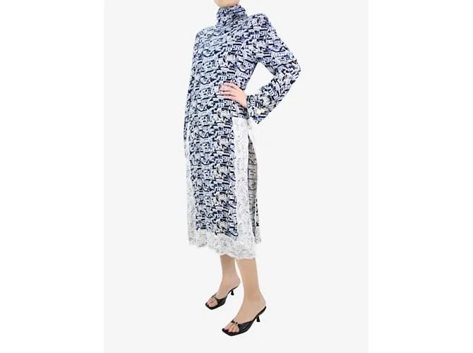 Autre Marque Vestido azul estampado con cuello alto y ribete de encaje - talla FR 36 