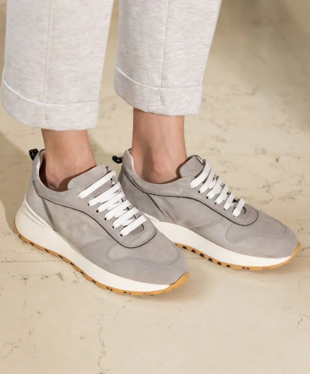 Doucal's Gray suede sneakers with monil chain