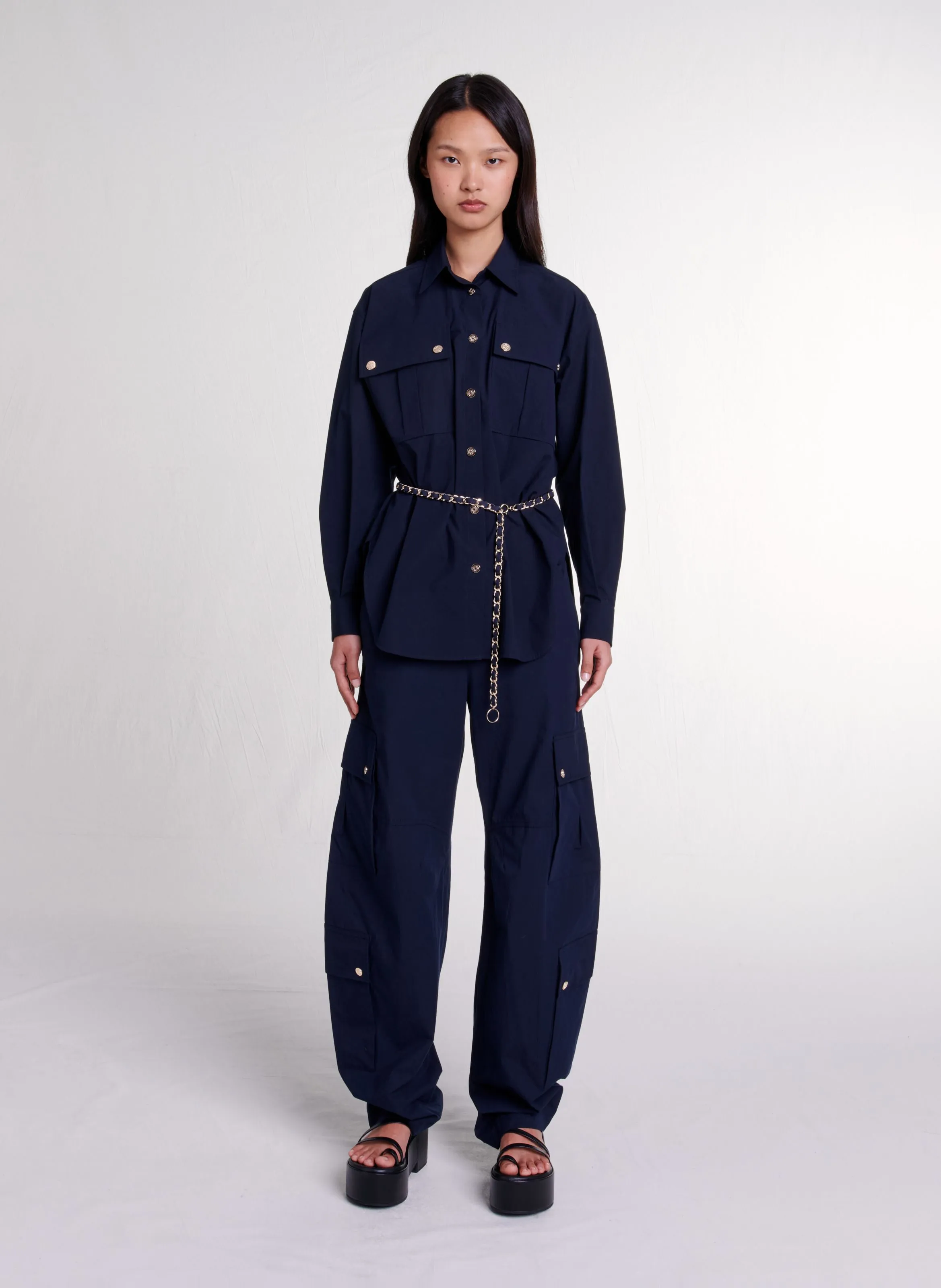 MAJE Camisa oversize de mezcla de algodón con cuello clásico en azul