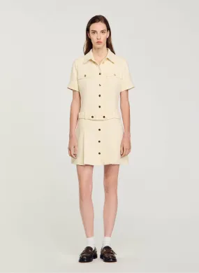 SANDRO Vestido corto con cuello de camisa de tweed en blanco