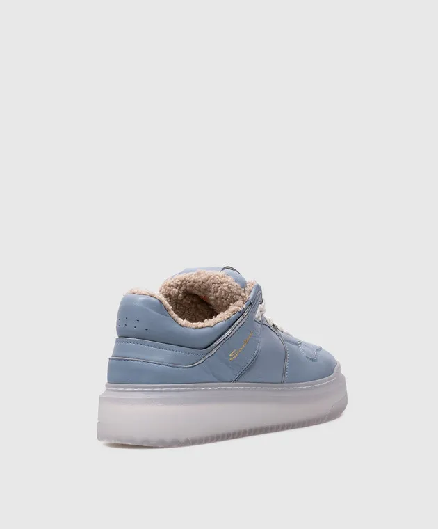 Santoni Blue leather sneakers with logo print