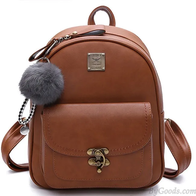 Unique Lock Button Retro Pure Color Student Bag PU Women Backpack 